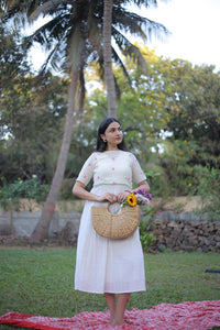 Cream Jamdani Midi Dress with Shrug handwoven artisan India Mitti Lifestyle