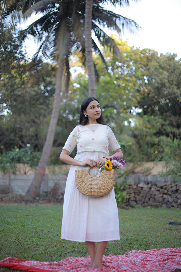 Cream Jamdani Midi Dress with Shrug