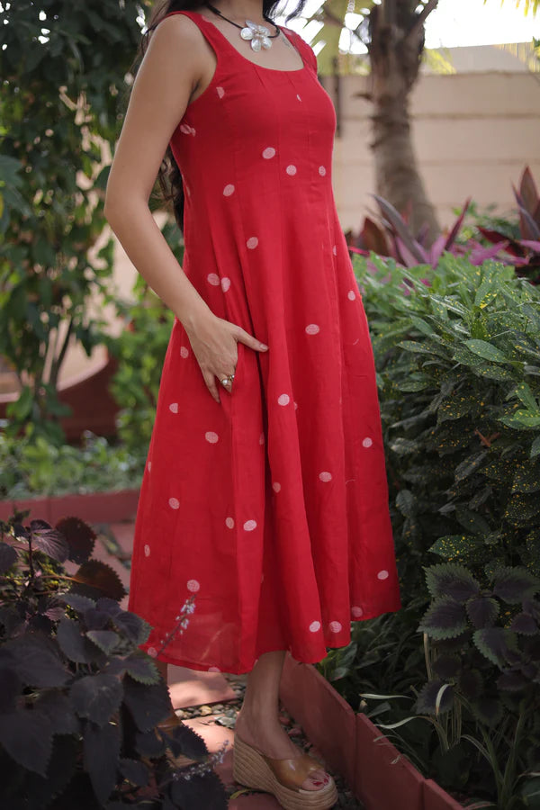 Red Jamdani Midi Dress
