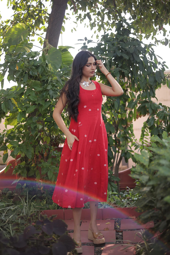 Red Jamdani Midi Dress