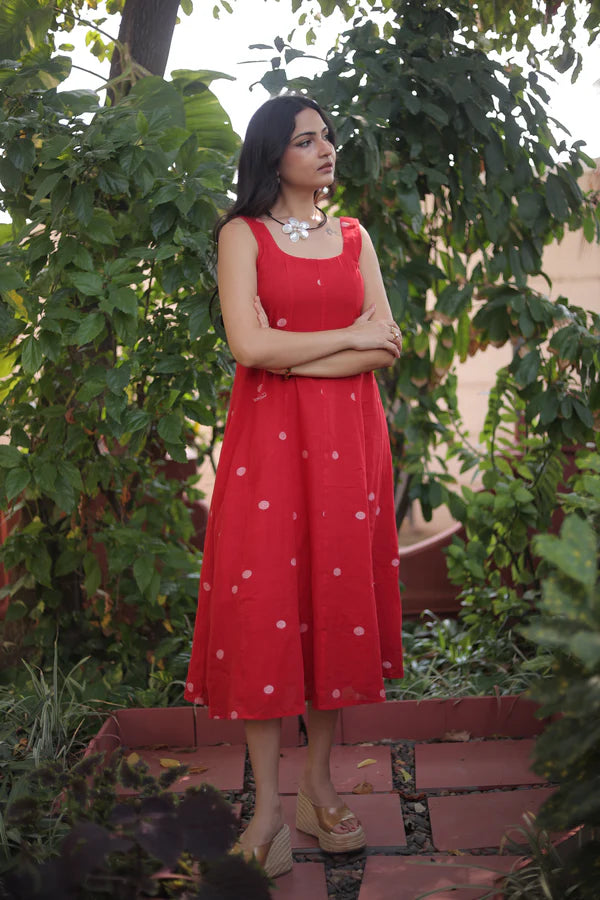 Red Jamdani Midi Dress handwoven artisan India contemporary design Mitti Lifestyle