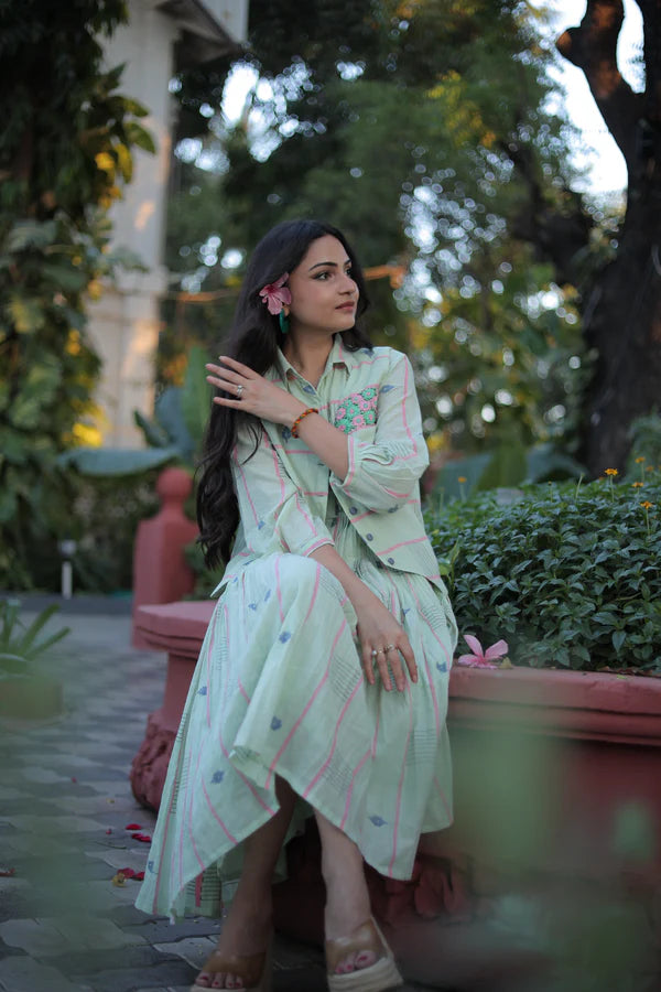 Pista Green Midi Dress with Waistcoat
