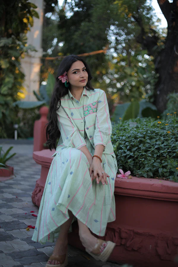 Pista Green Midi Dress with Waistcoat