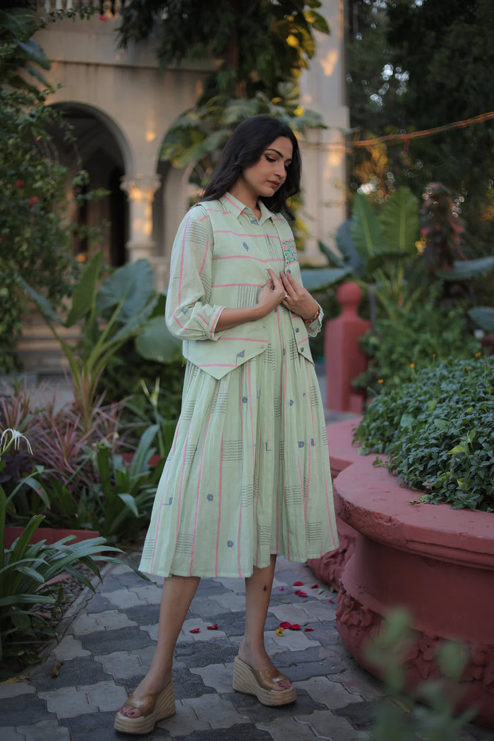 Pista Green Midi Dress with Waistcoat