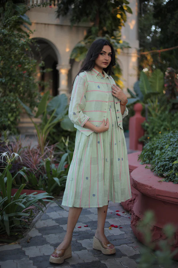 Pista Green Midi Dress with Waistcoat