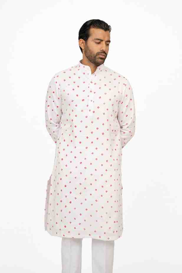 White tie-dye bandhej mens kurta detail artisan handcrafted cotton India conscious