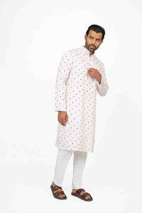 White mens kurta bandhej tie-dye hand-dyed cotton Indian ethnic wear artisan craft