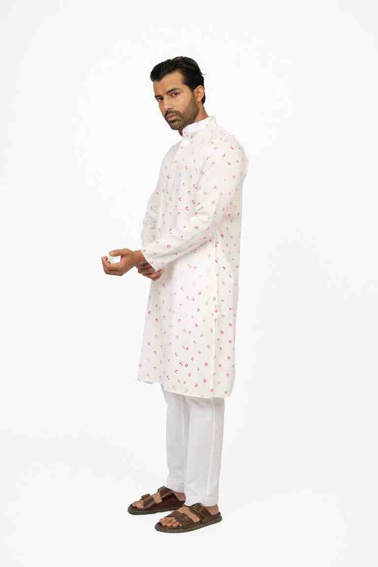 Mens white hand-dyed bandhej kurta natural cotton sustainable ethnic India fashion