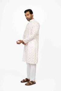 Mens white hand-dyed bandhej kurta natural cotton sustainable ethnic India fashion