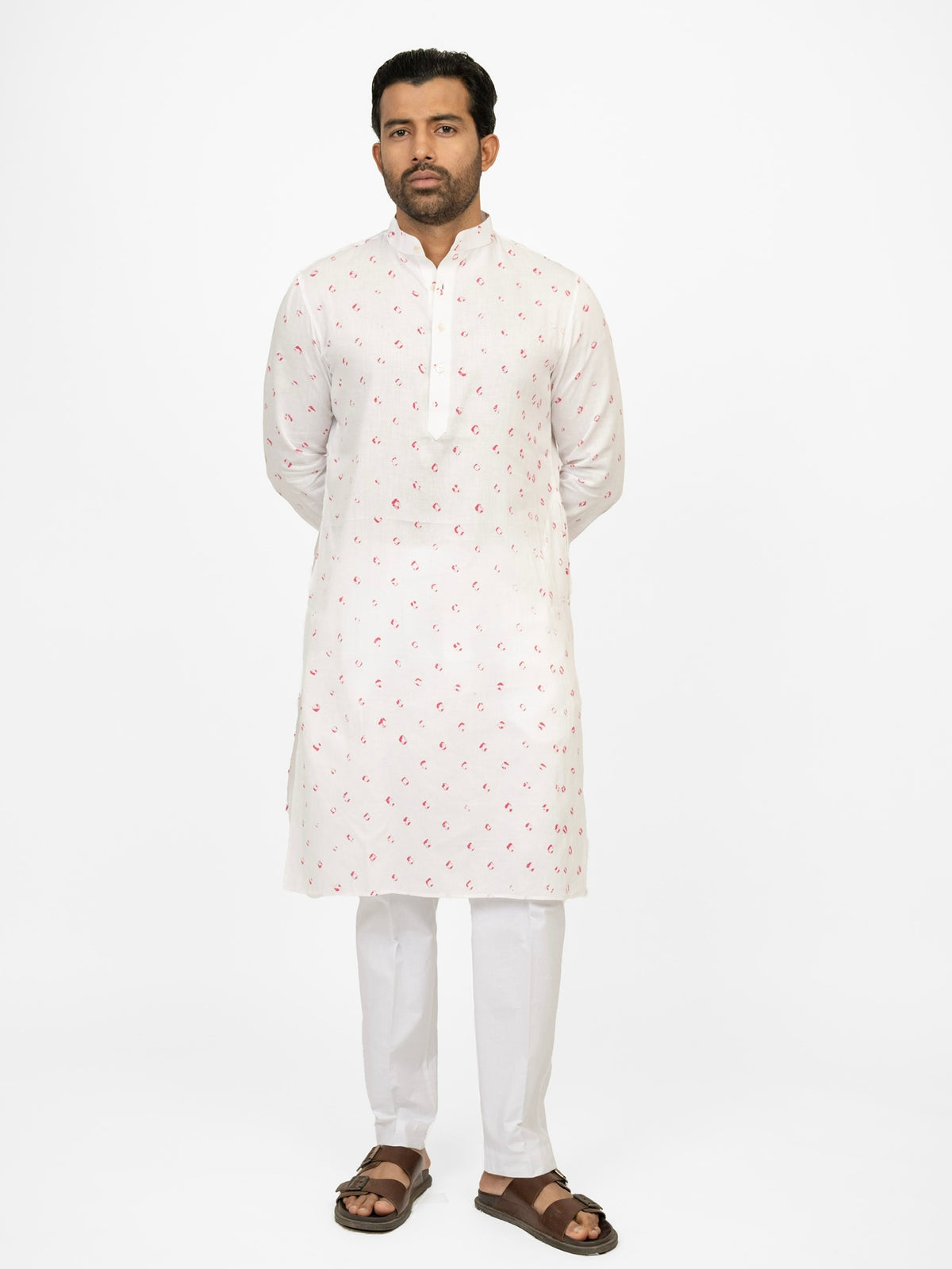Mens white bandhej kurta handcrafted tie-dye cotton Indian ethnic traditional wear
