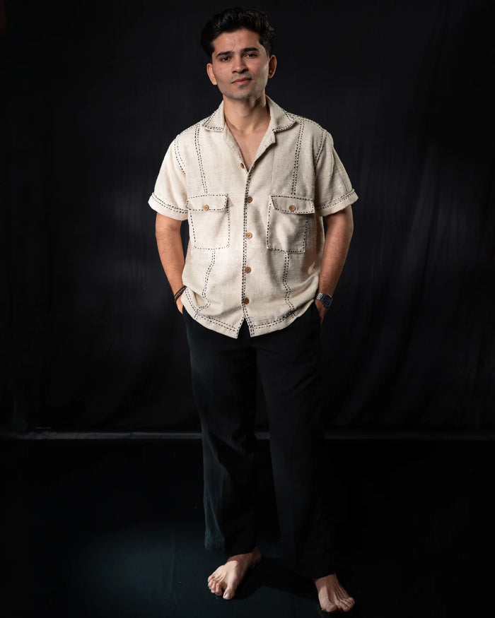 Ash handwoven kala cotton shirt front view - earthy heritage texture, sustainable menswear by Mitti Lifestyle
