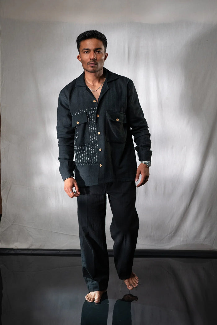 Kuro handwoven black khadi shirt with kantha detailing - front view, sustainable menswear by Mitti Lifestyle