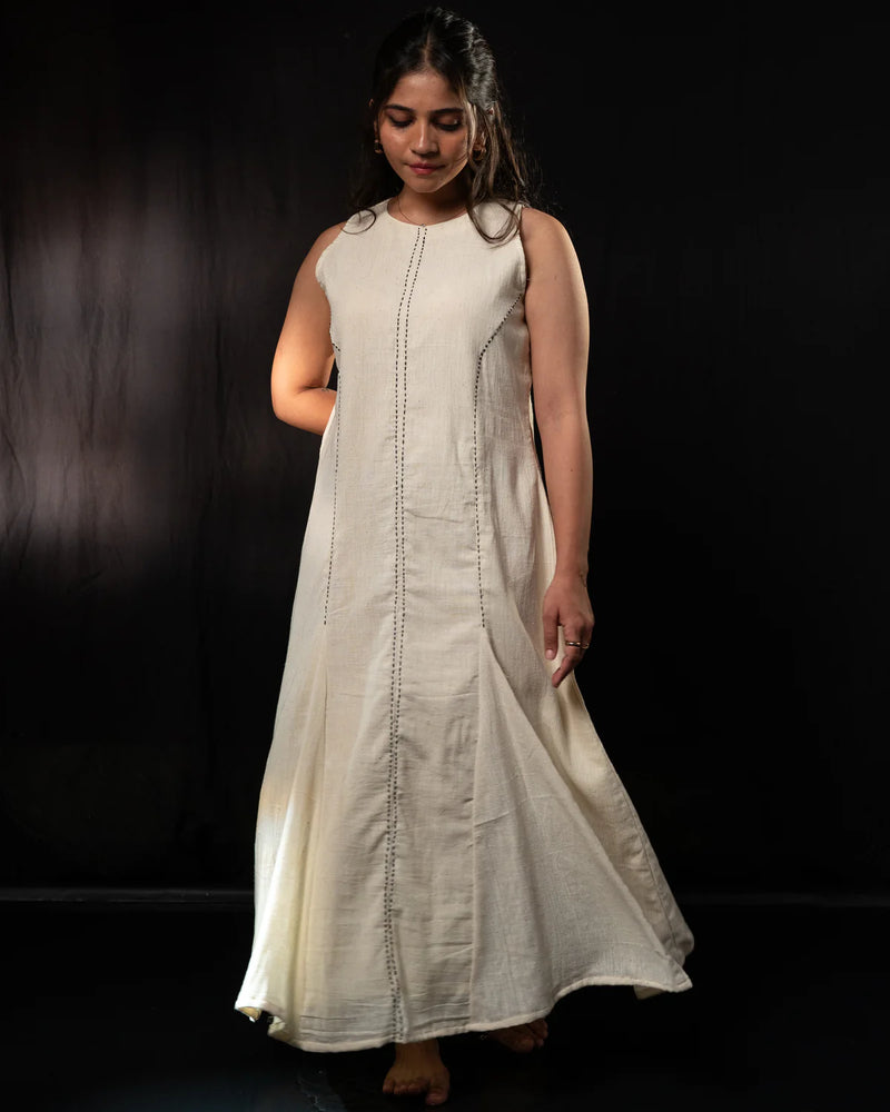 Shironeri handwoven khadi sleeveless dress with layered jacket silhouette - sustainable designer wear by Mitti Lifestyle