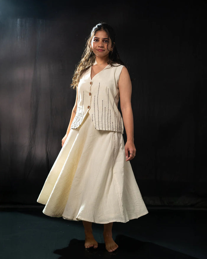 Iro Skirt black handwoven khadi with off-white kantha embroidery detailing