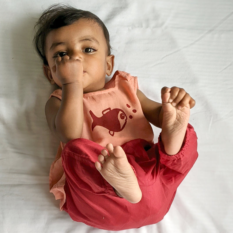 Organic Cotton Unisex Peach Koi Jhabla and Red Pajama Pants Set