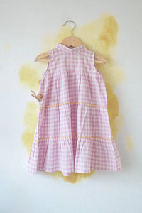 ‘Ocean waves’ purple checkered sleeveless tiered maxi dress in handwoven cotton