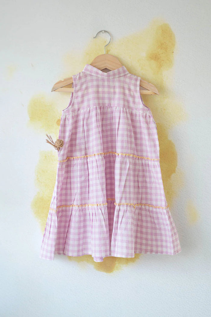 ‘Ocean waves’ purple checkered sleeveless tiered maxi dress in handwoven cotton