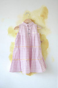 ‘Ocean waves’ purple checkered sleeveless tiered maxi dress in handwoven cotton