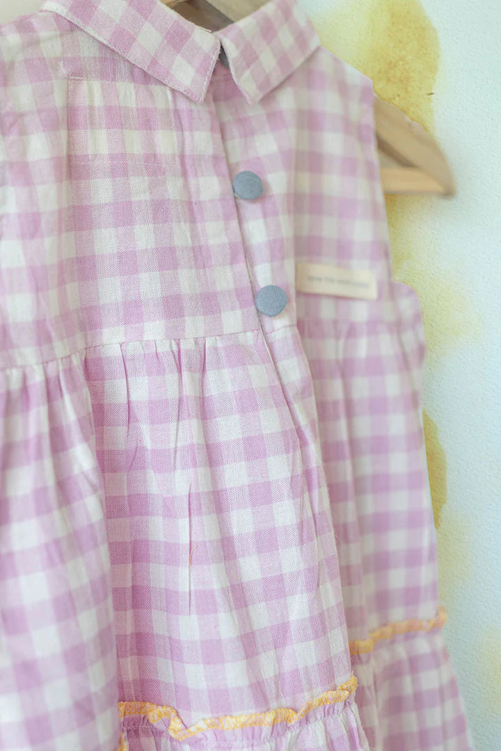 ‘Ocean waves’ purple checkered sleeveless tiered maxi dress in handwoven cotton