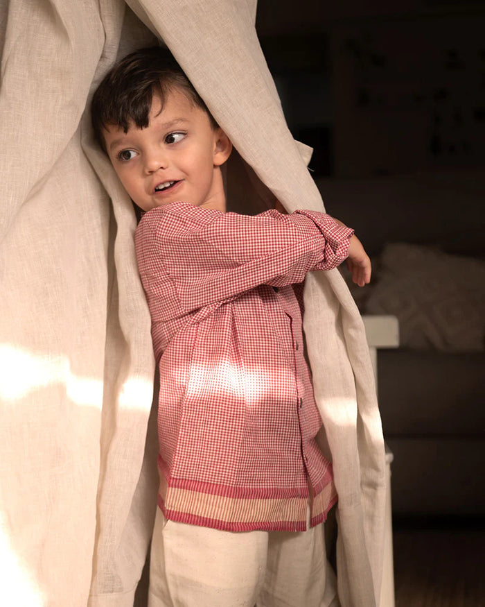 ‘Barefoot Boy’ mandarin collar red handwoven checks full sleeve cotton shirt