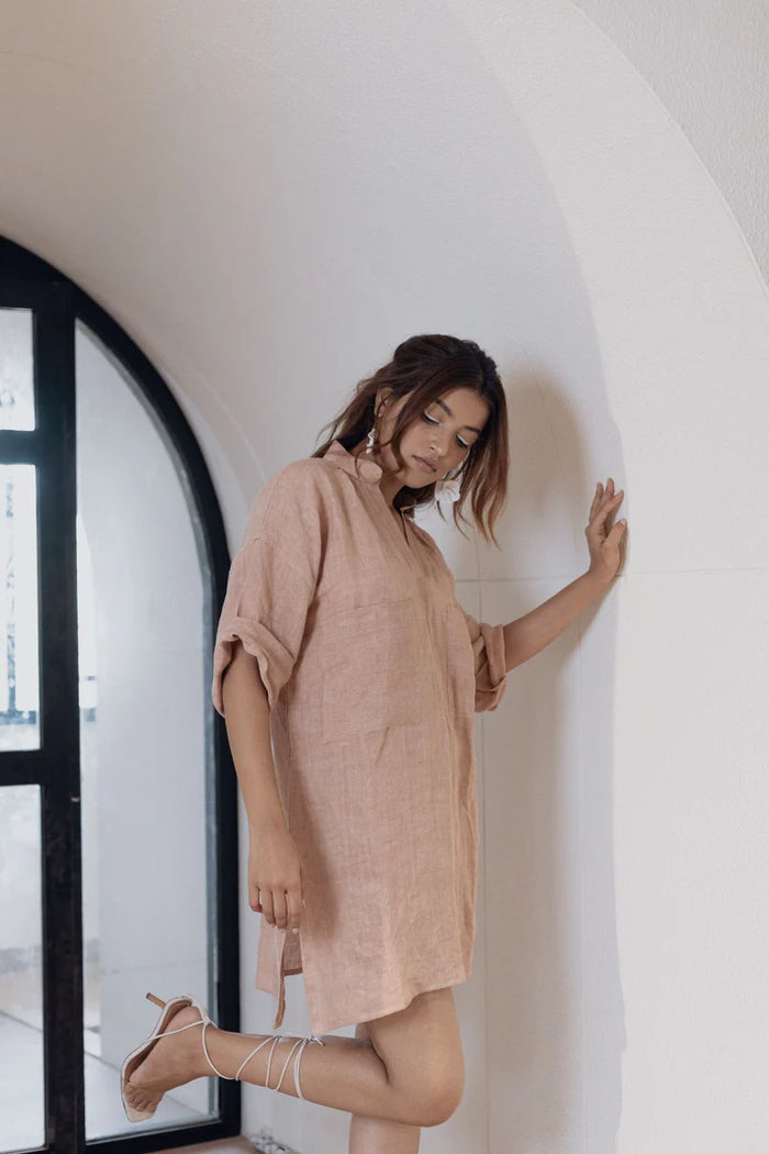 Carefree Front Pocket Mini Shirt Dress - Brick Dust