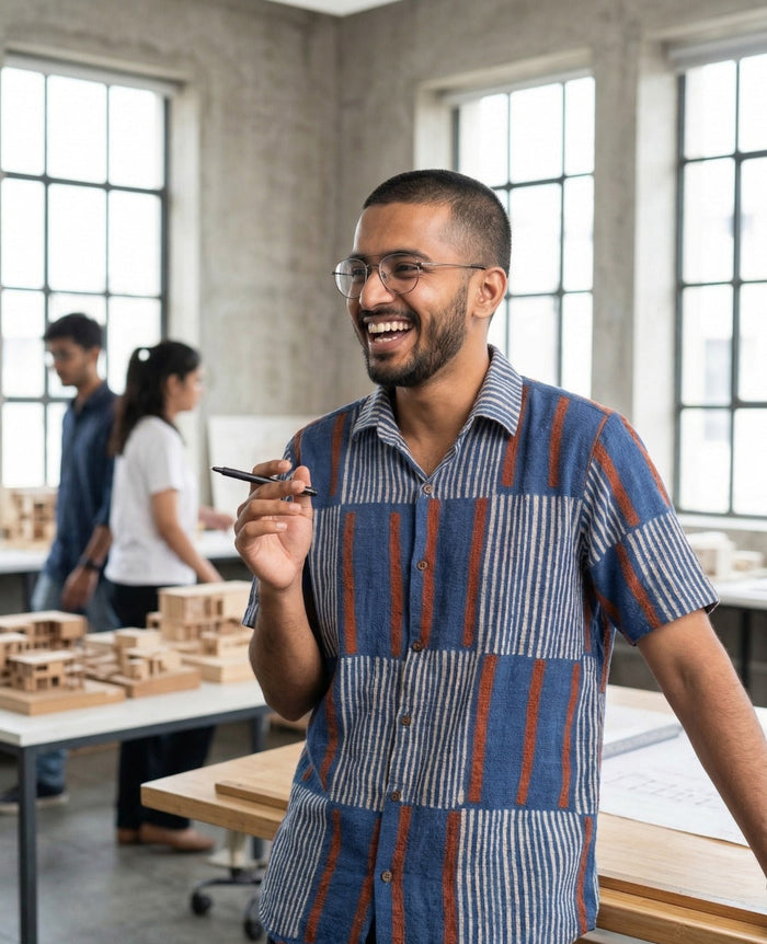 Cotton shirt with hand block printing, showcasing detailed artisanal patterns on a lightweight, breathable fabric.