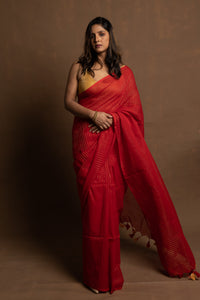 Red Shooting Star I Handloom Red Saree With Zari Stripes