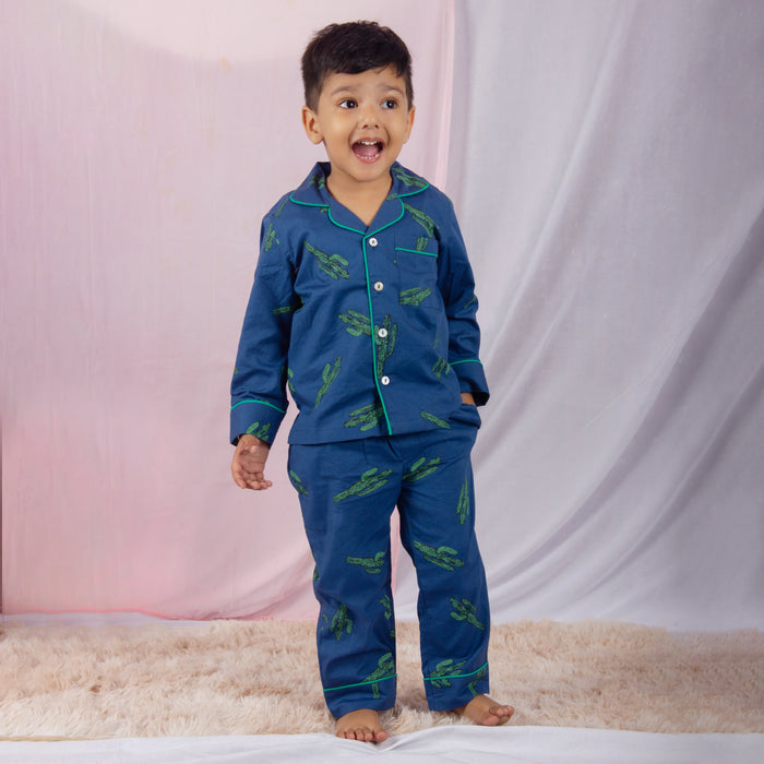 Unisex Cactus Print Full Sleeve Cotton Nightsuit-Blue