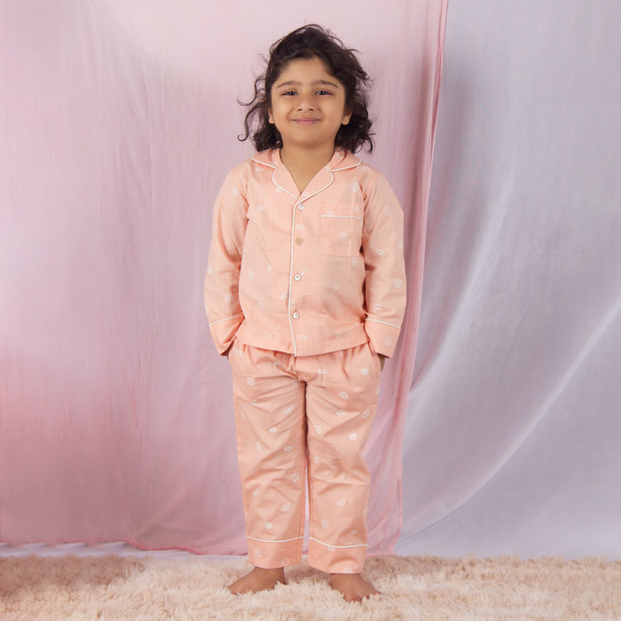 Unisex Lemon Print Full Sleeve cotton Nightsuit-Peach