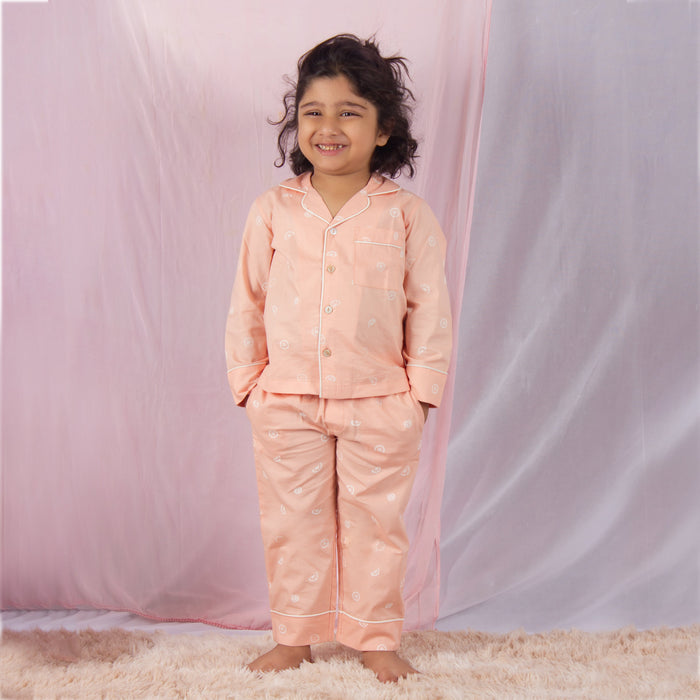 Unisex Lemon Print Full Sleeve cotton Nightsuit-Peach