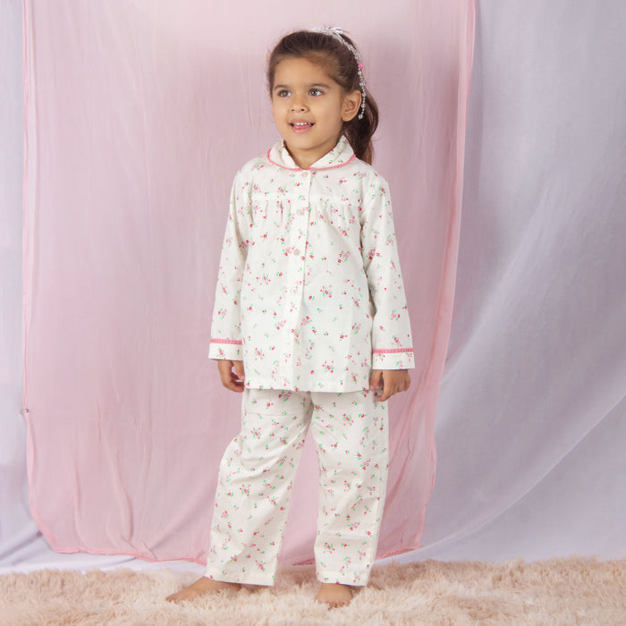 Girls Floral Pink Lace NightSuit-White