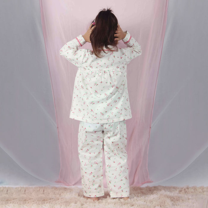 Girls Floral Pink Lace NightSuit-White