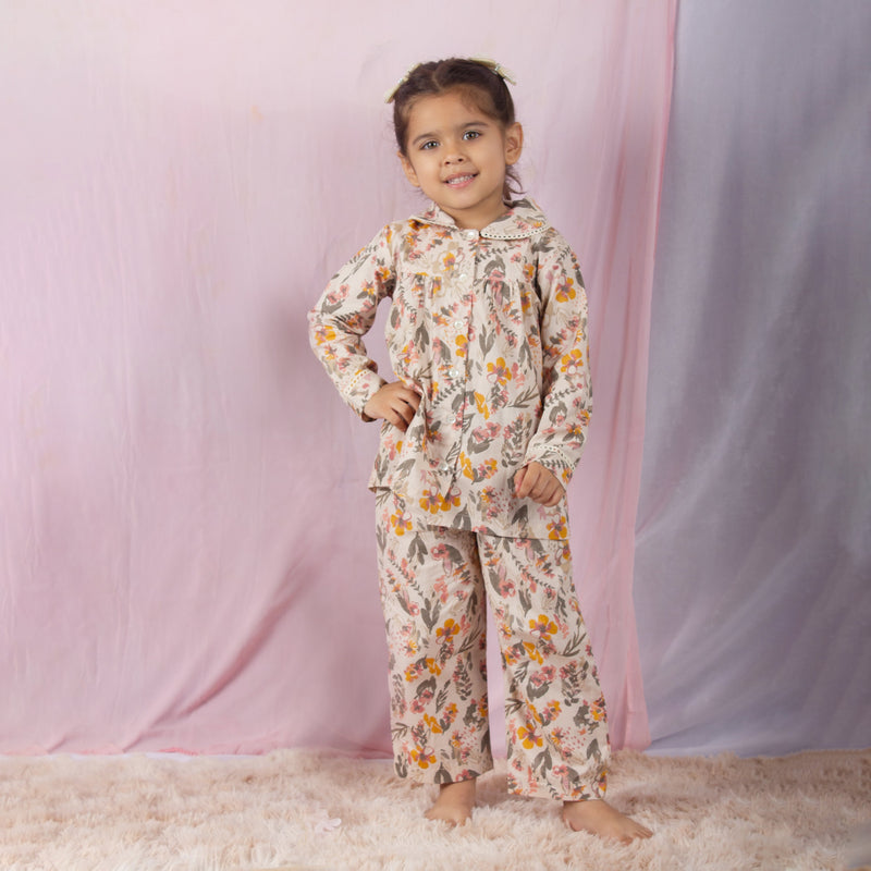 Girls Floral White Lace NightSuit-Cream