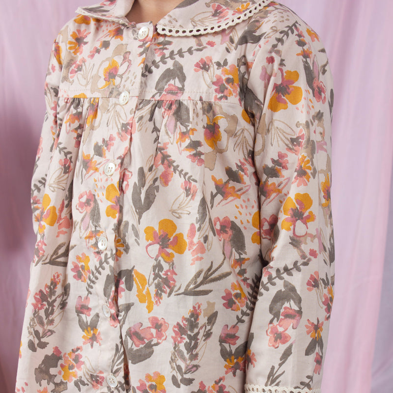 Girls Floral White Lace NightSuit-Cream