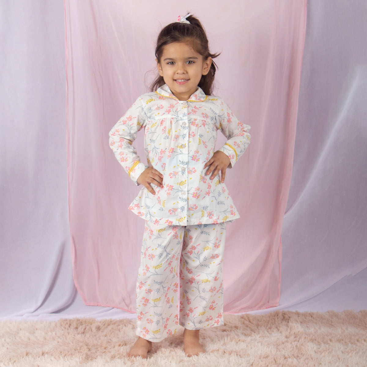 Girls Floral Yellow Lace NightSuit-Off White