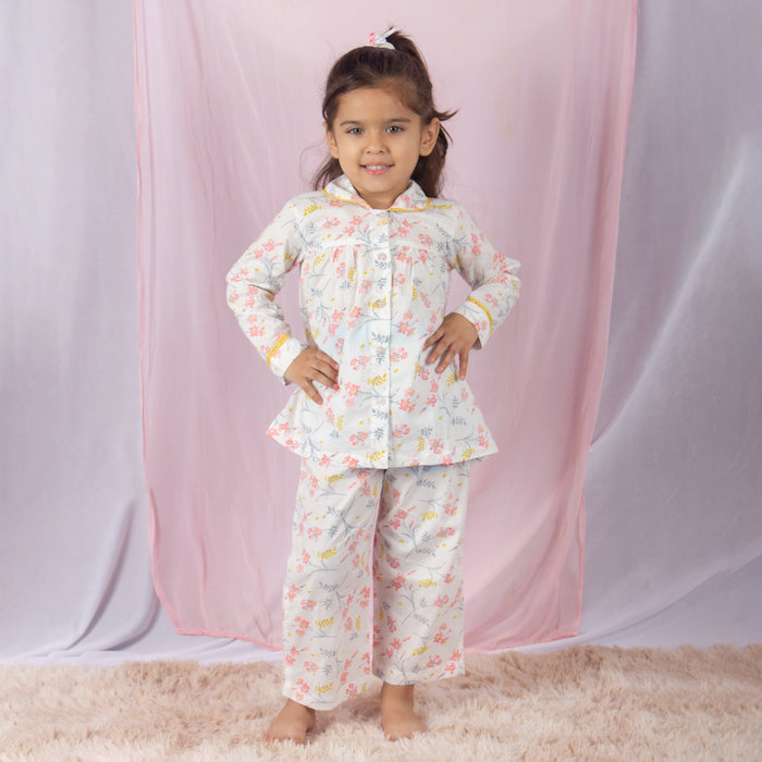 Girls Floral Yellow Lace NightSuit-Off White