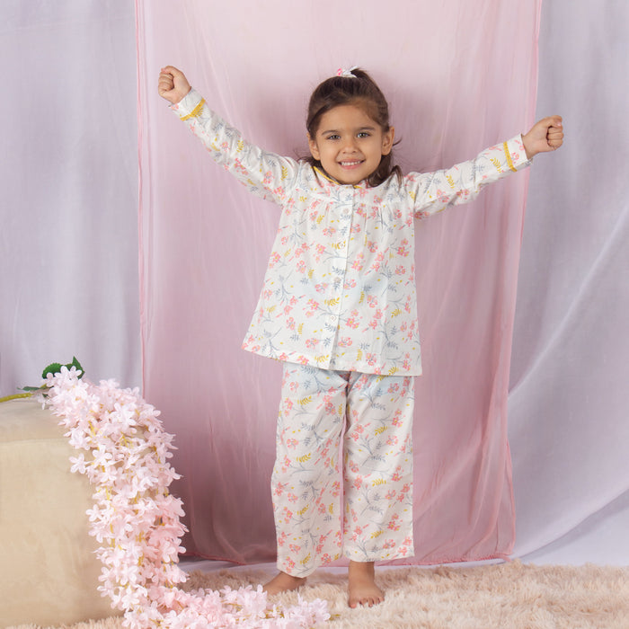 Girls Floral Yellow Lace NightSuit-Off White