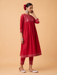 Red Gathered Kurta Set