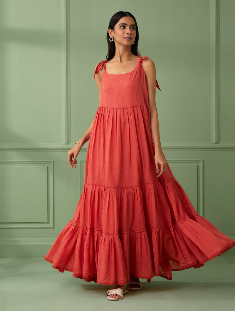 Coral Breezy Tiered Maxi Dress