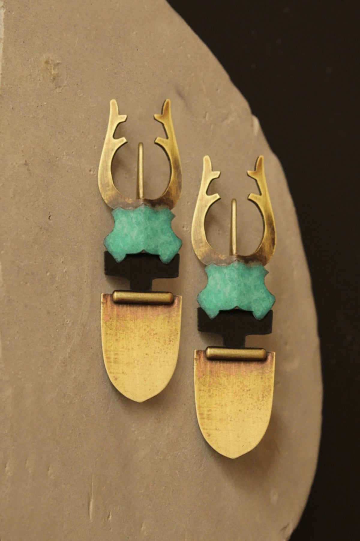 Stagbeetle teal earrings Dookdi brass insect inspired jewellery India artisan