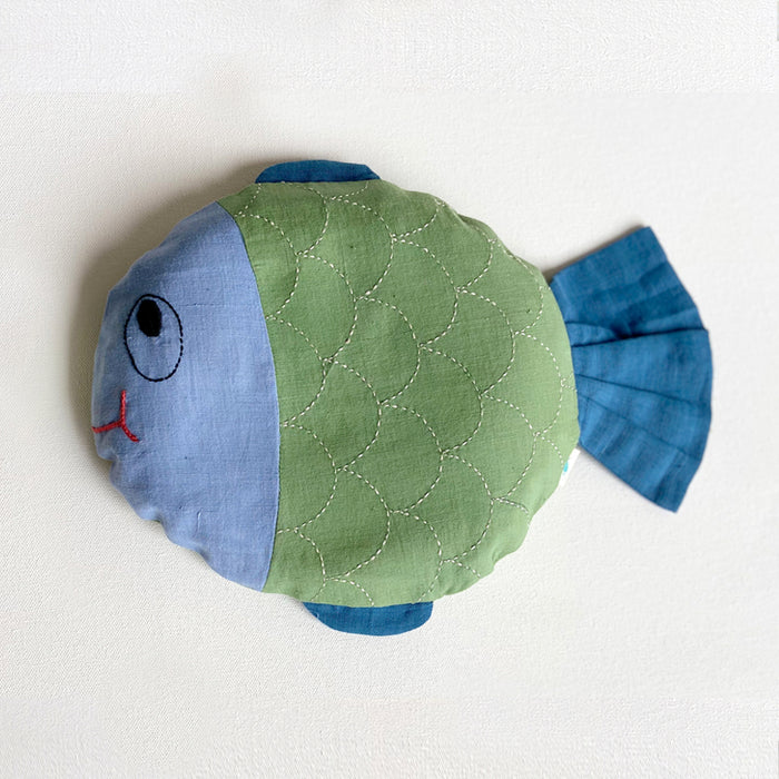 Hand-embroidered Organic Cotton Mustard Seeds Pillow - Koi Fish