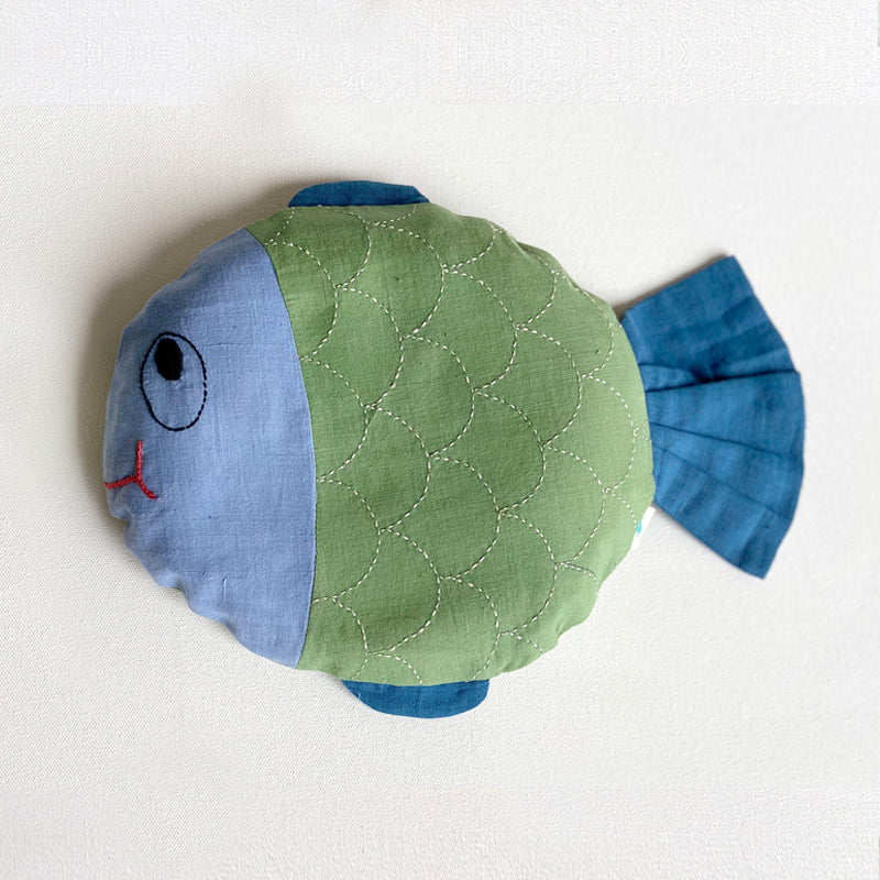 Hand-embroidered Organic Cotton Mustard Seeds Pillow - Koi Fish
