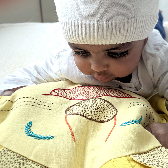 Hand-embroidered Organic Cotton Mustard Seeds Pillow - Lion