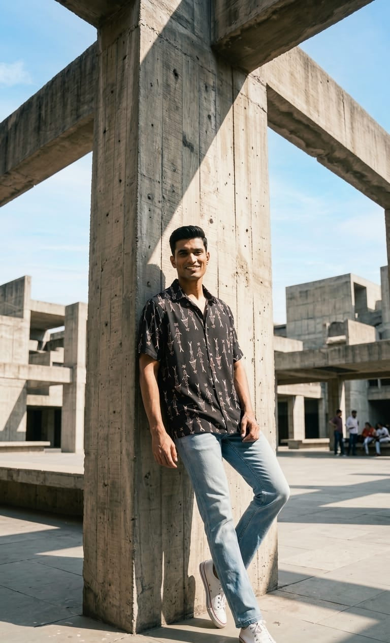 Black modal silk shirt with hand block printing, showcasing detailed artisanal patterns on a soft, smooth and lightweight fabric.
