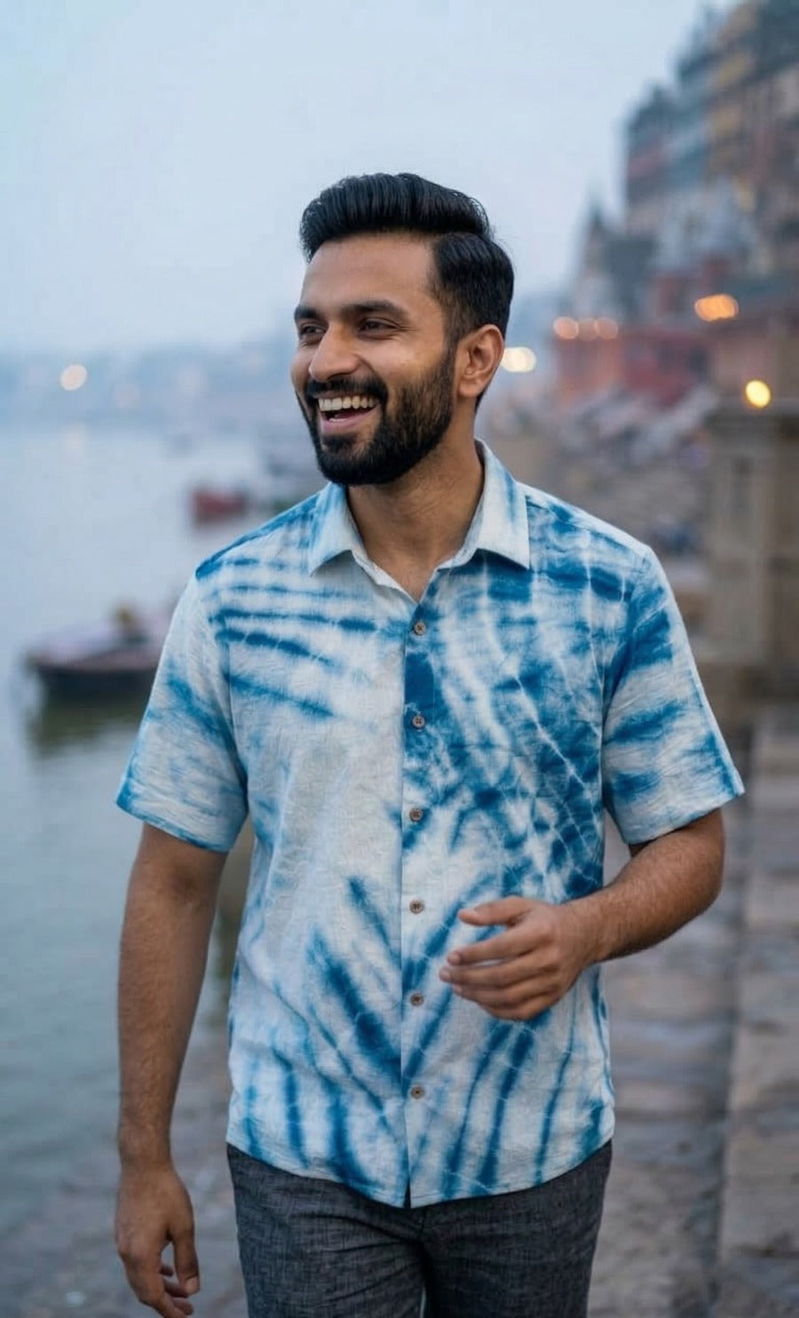 Handwoven kala cotton shirt designed with tie-dye detailing, offering unique patterns and everyday comfort.