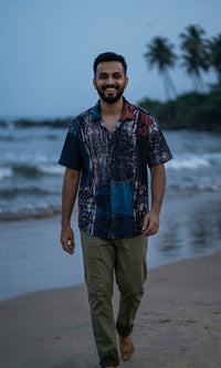 Men’s cotton shirt with hand block printing, featuring traditional patterns and a relaxed silhouette.