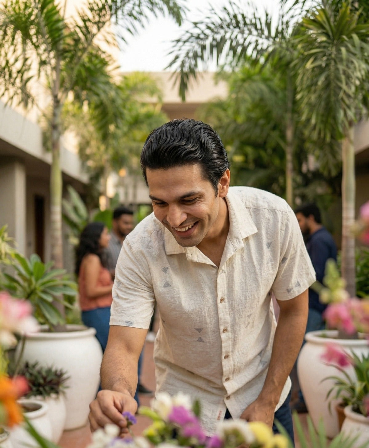 Handwoven kala cotton shirt in an off-white tone, detailed with intricate Jamdani motifs and a soft, airy finish.