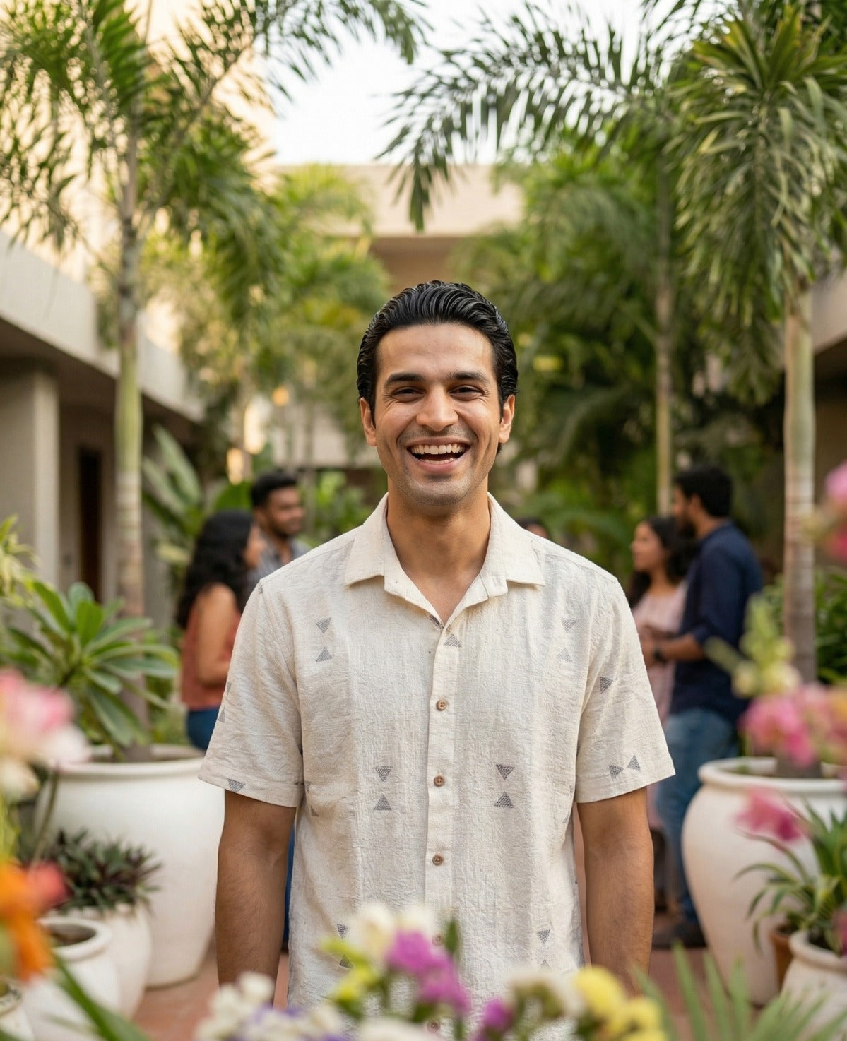 Handwoven kala cotton shirt in an off-white tone, detailed with intricate Jamdani motifs and a soft, airy finish.