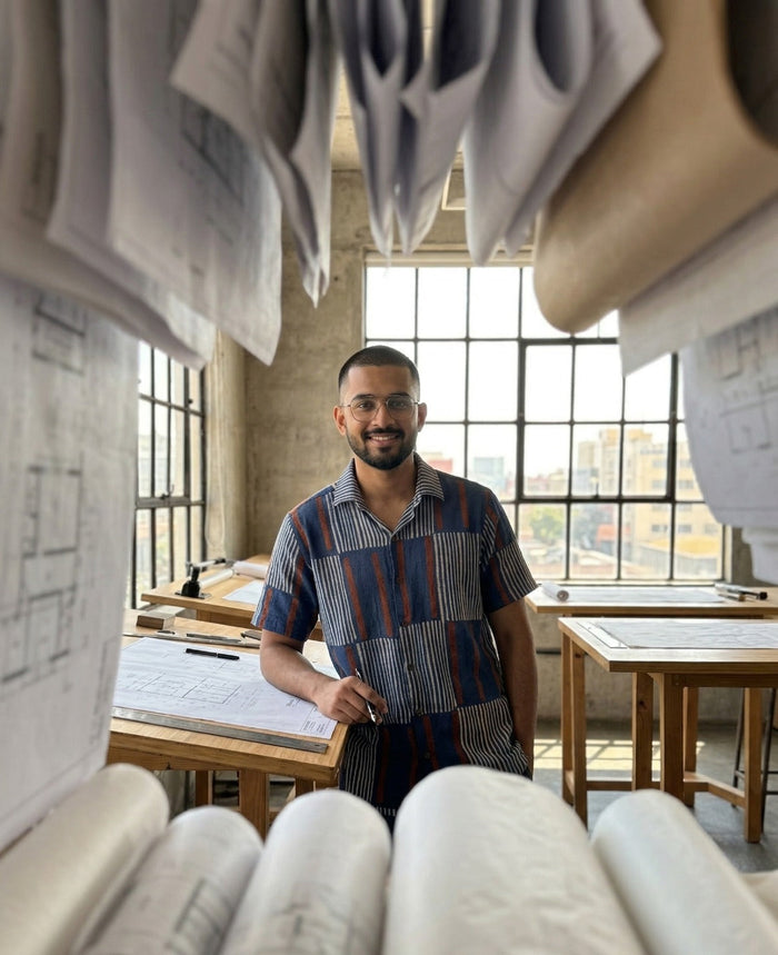 Cotton shirt with hand block printing, showcasing detailed artisanal patterns on a lightweight, breathable fabric.