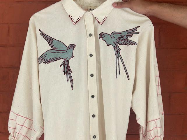 Kora and checks shirt with blue birds
